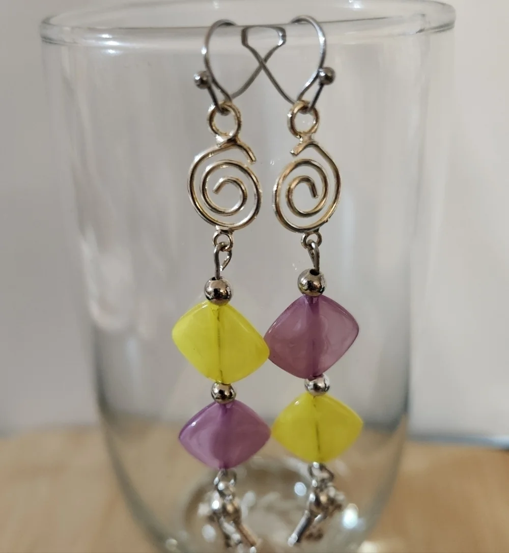 Lavender and Yellow Bead Earrings With Silver Blow Dryer And Scissors Charm